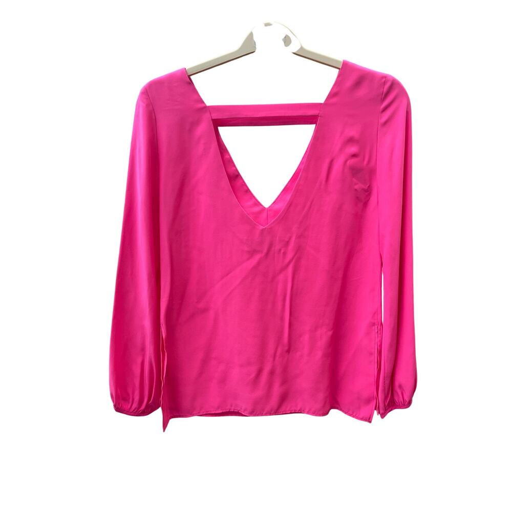 Amanda Uprichard Sz Small Solid Barbie Hot Pink V-Neck Cut Out Long Sleeve Top